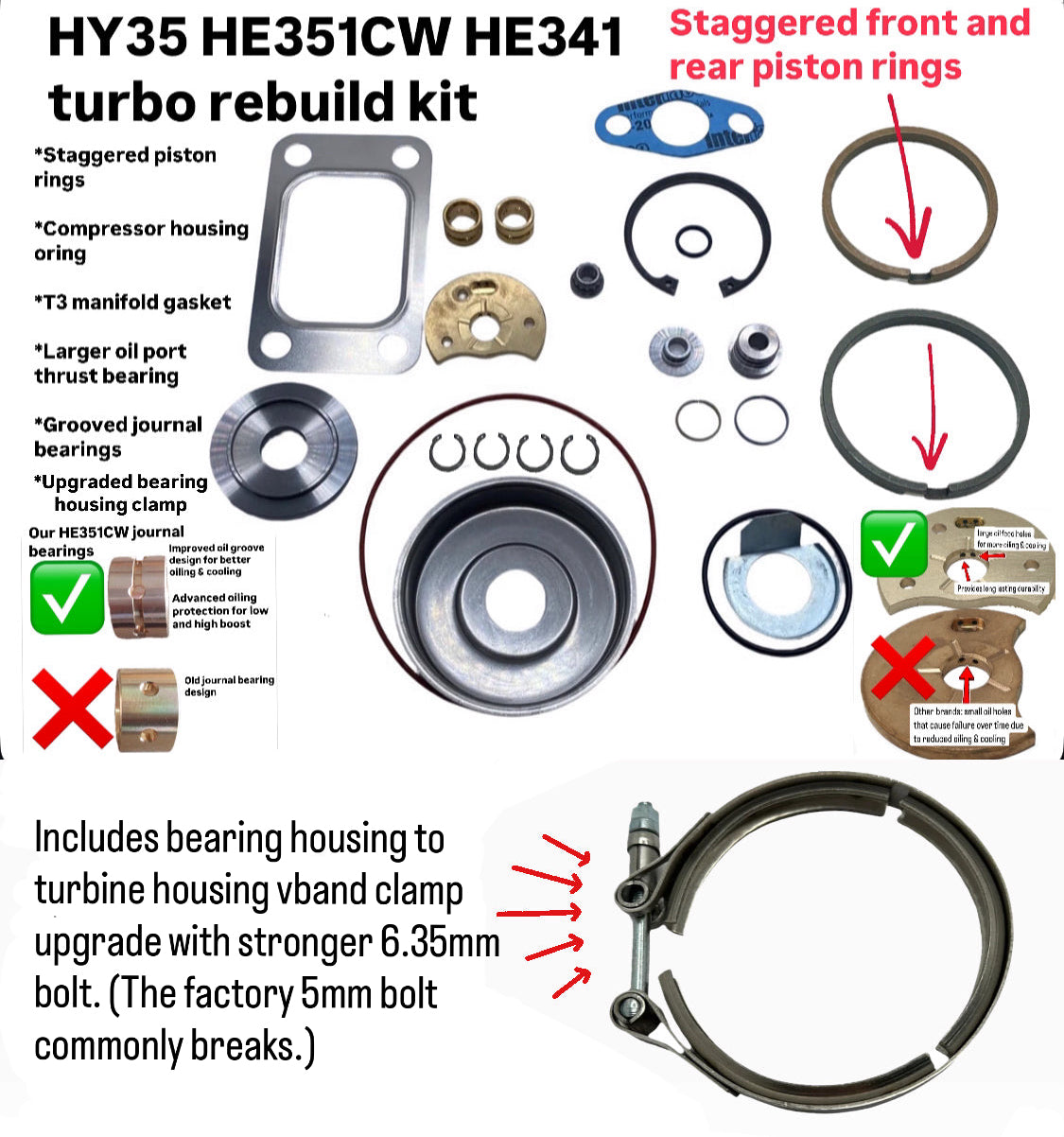 Holset HY35 HE341 HE351CW turbo rebuild kit + vband clamp